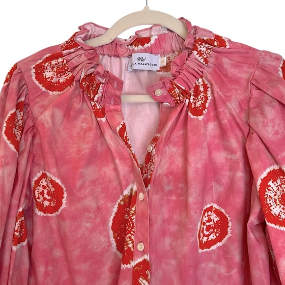 Never a Wallflower Cotton Boho Block Print 3/4 Sleeve Blouse Pink Red Small - Picture 5 of 6